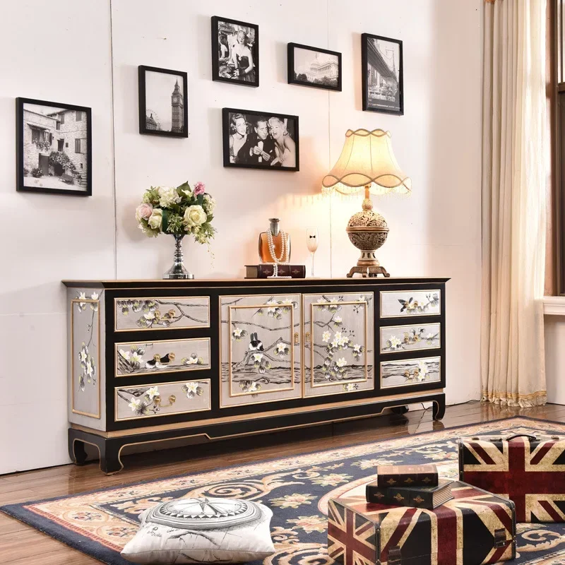 Modern new Chinese hand-painted flowers and birds, living room TV, floor cabinet, audio-visual cabinet, entrance cabinet,