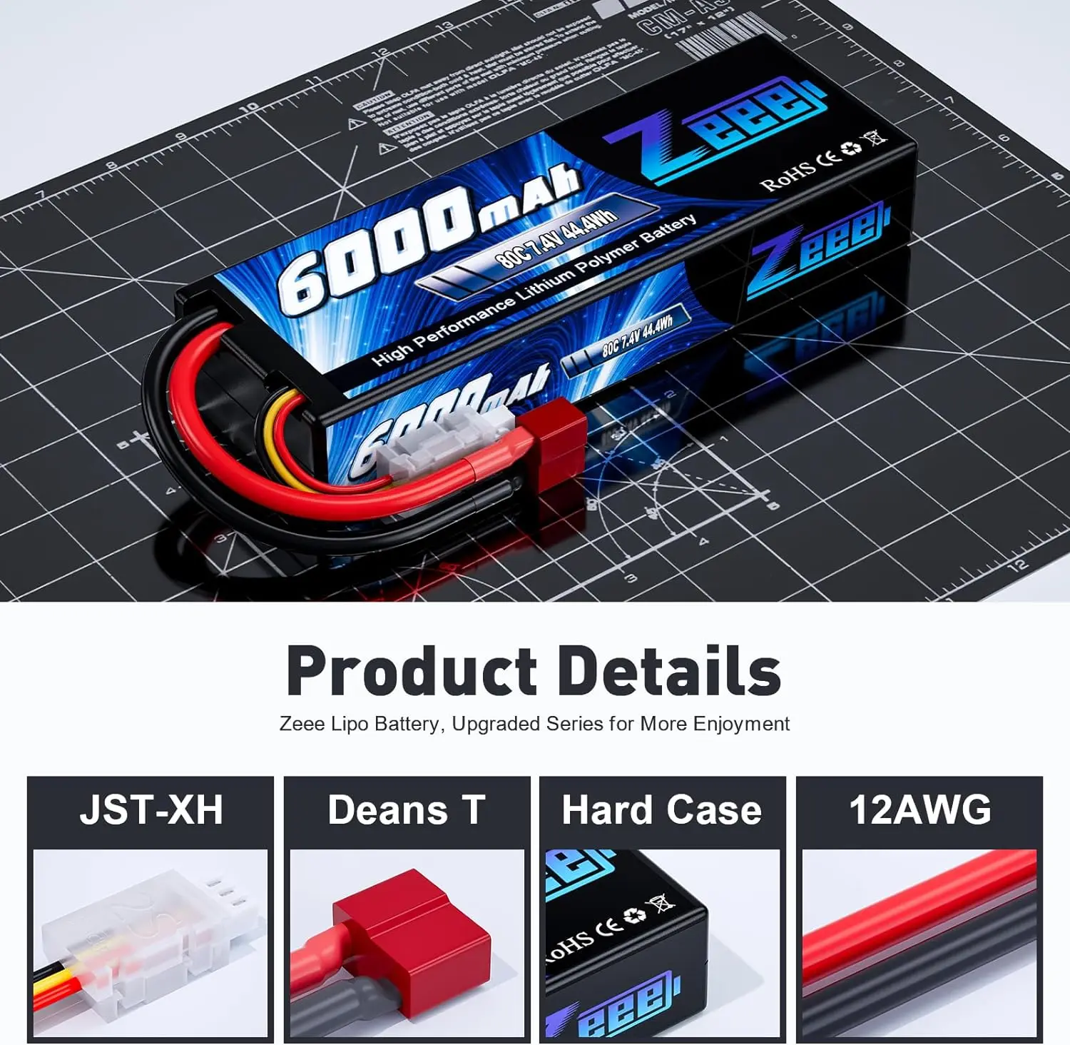 Zeee 2S Battery 7.4V 6000mAh Lipo 80C for RC Parts Hardcase with Deans Plug for RC Car Vehicle Truck Tank Losi Slash Truggy