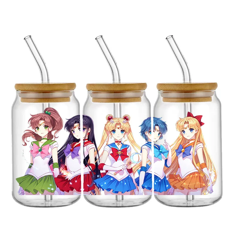 Japanese Beautiful Girl UV DTF Cup Wrap For 16ZO Libbey Glass Beer Can tumbler Transfer Stickers Waterproof DIY