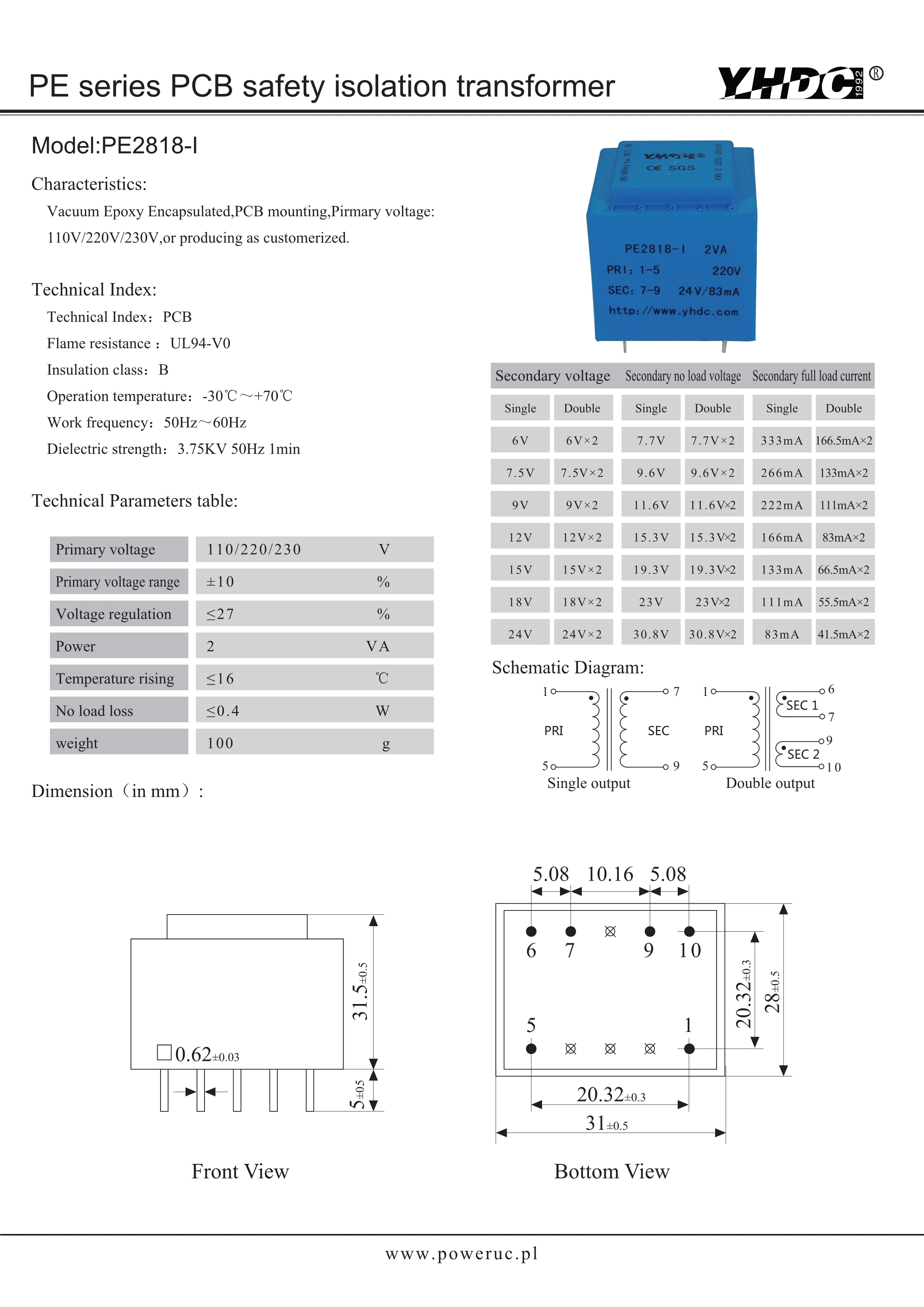 YHDC PE2818-I Power 2VA  110V / 6V/7.5V/9V/12V/15V/18V/24V Encapsulated For PCB Mounted Isolation Transformer