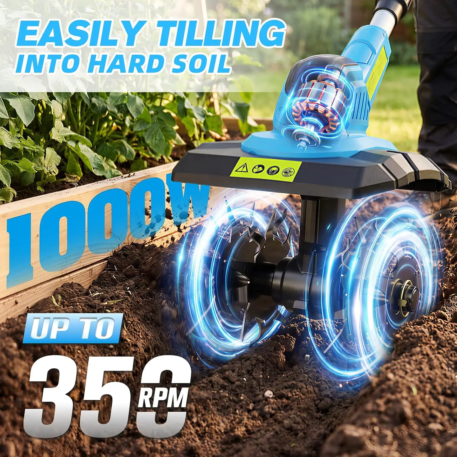 Cordless Garden Tiller Cultivator, 20V Electric Cultivator 350 RPM, 9