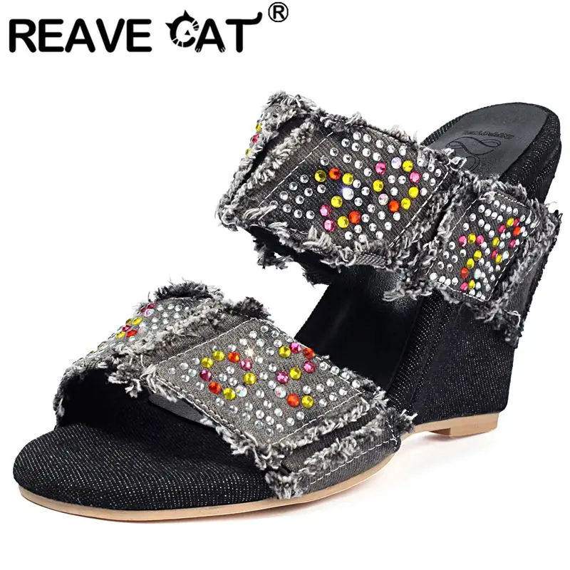 

REAVE CAT Fashion Design Women Sandals Open Toe Wedges 11cm Slip On Mules Crystal Plus Size 44 45 46 Leisure Daily Female Shoes
