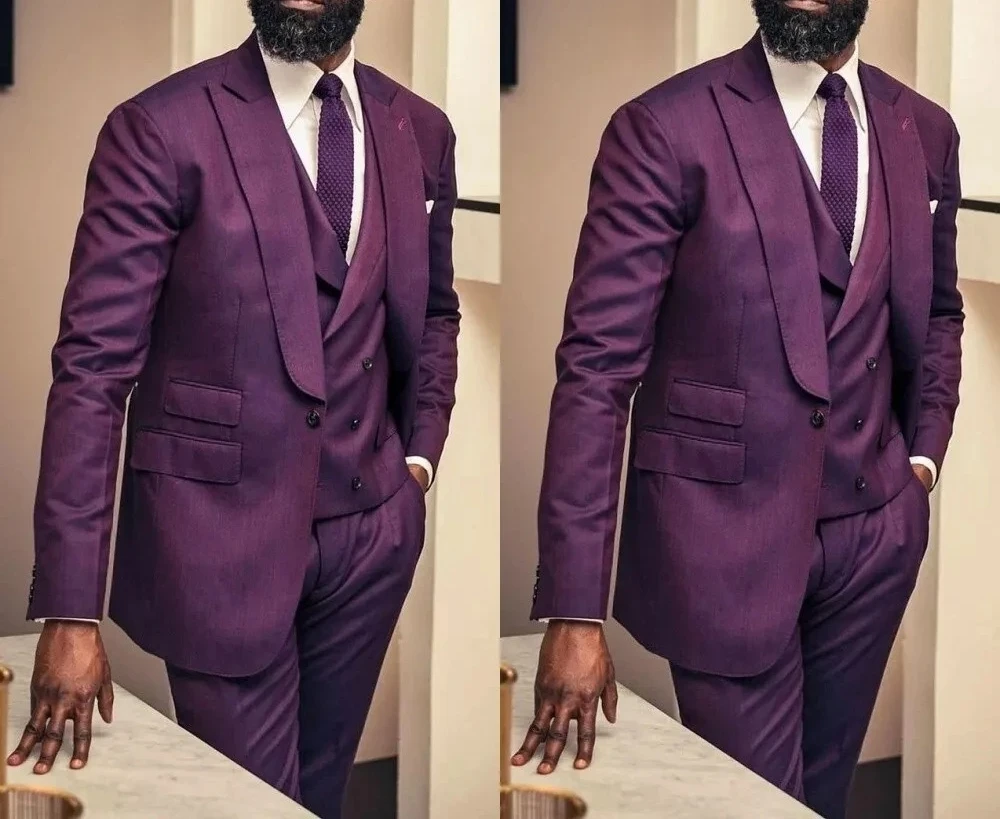 

Elegant Men's Suits 3 Piece Jacket Pants Vest One-Button Peak Lapel Slim Fit Male Clothing High Quality Blazer Costume Homme