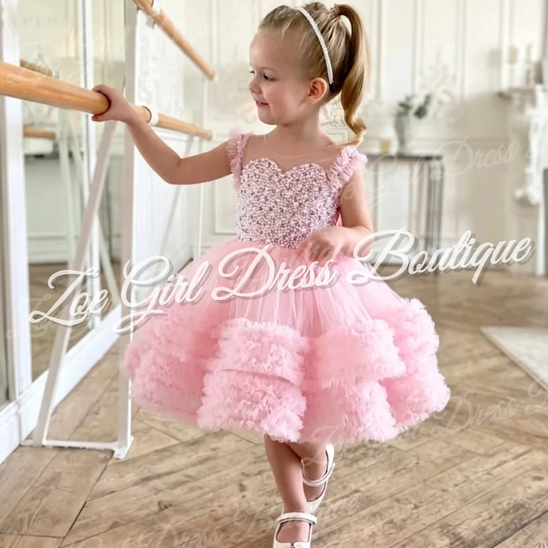 Pink Pearl Beaded Ruffled Tulle Flower Girls Dresses Ruffle Strap Knee Length Gown Baptism Birthday Party Communion Customized