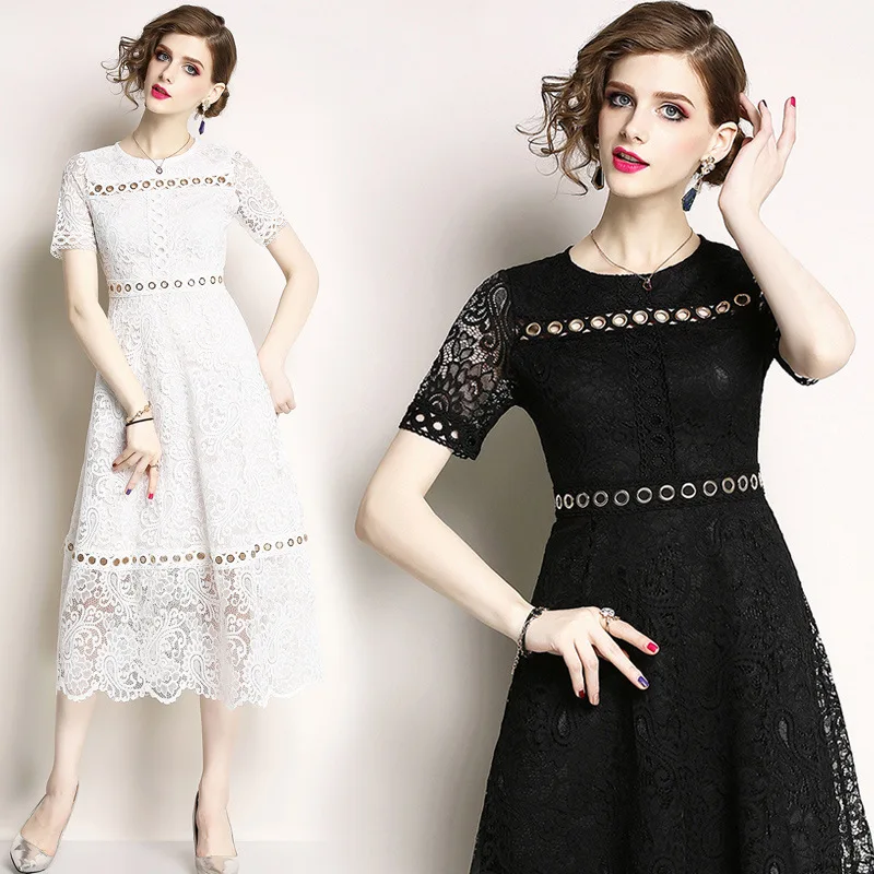 ZXRYXGS Elegant Fashion Lace Dress Summer 2023 European Style Hollow Metal Circle Stitching Temperament Long Dress Women Dresses