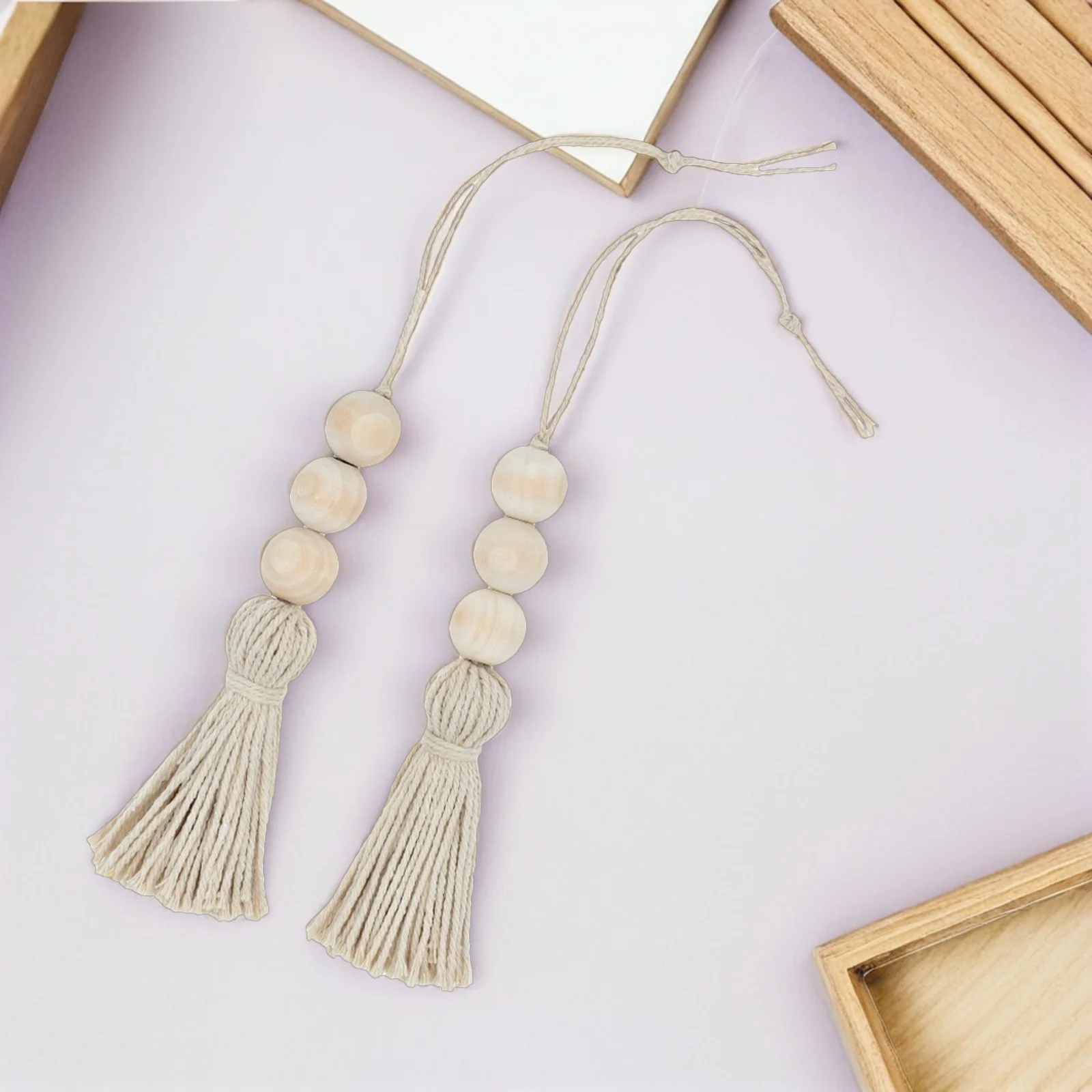 

14Pcs Wood Bead Tassel Garland Rustic Farmhouse Hanging Decor Boho Cotton Rope Beaded String Door Wall Ornament