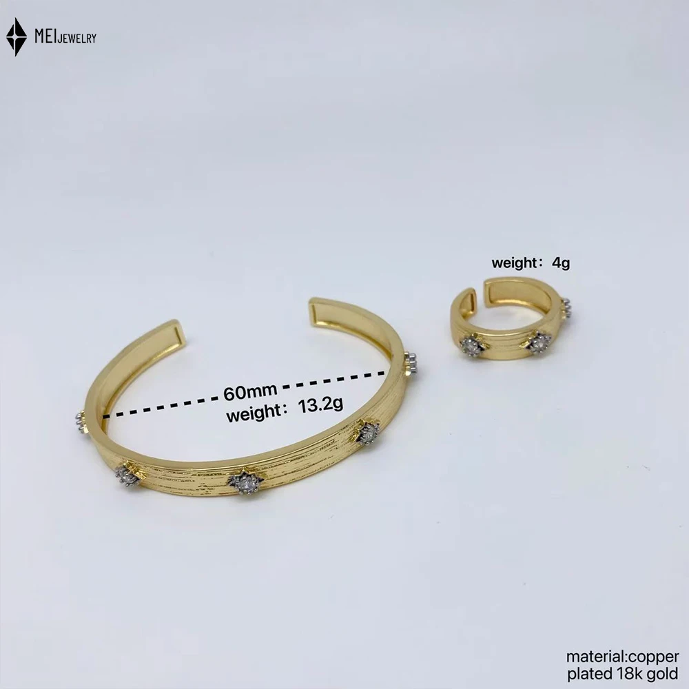 Brushed Texture Star Studded Zirconium Bracelet Ring Two-Color Set Color Separation Electroplating Adjustable Opening Jewelry