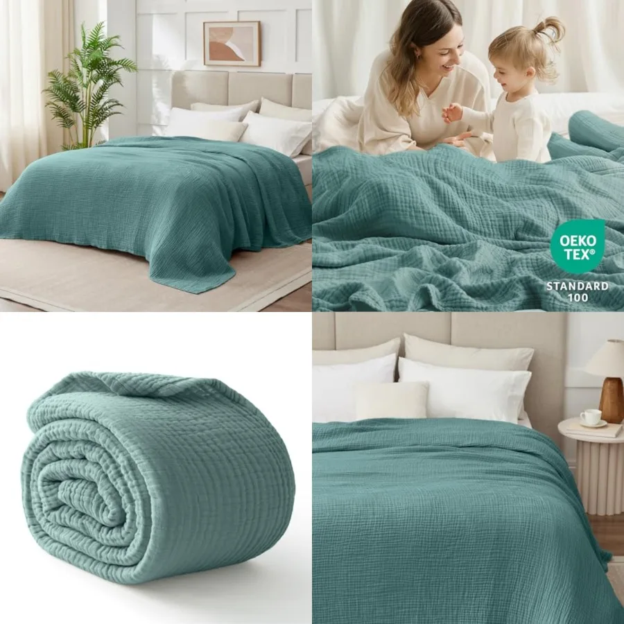 

100 Cotton Muslin Blanket King 108 x 90, 6 Layers Breathable and Lightweight Cotton Throw Blanket for Bed, Soft Quilt Bedspread