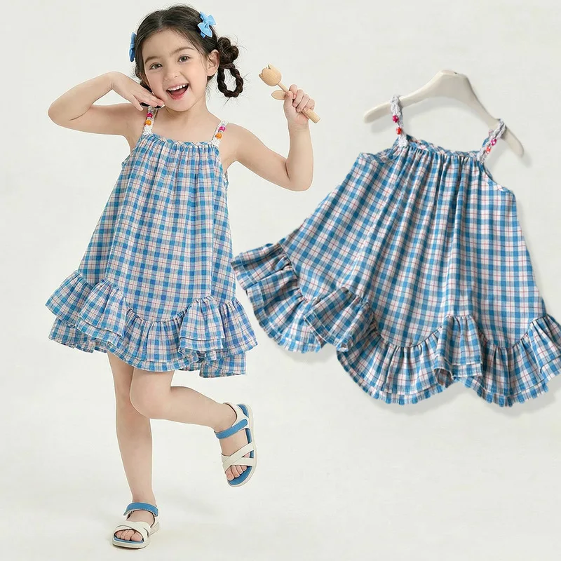 Girls' Sweet dress Summer New Baby Girl Plaid Skirt with Lotus Leaf Edge Dress for 2-8 Years  ﻿