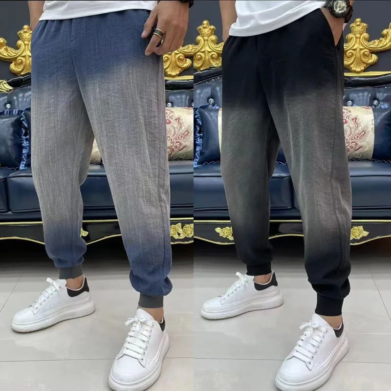 

Summer New Hemp Casual Pants Men Loose Breathable Nine Minute Haren Pants Male Fashion Pockets Color Gradient Joggers Trousers