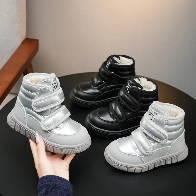 Kids'Snow Boots PU Leather Winter Fashion Outdoor Flat Thick Bottom Shoes For Children Warm Anti-slip Black Silver Size 28-38