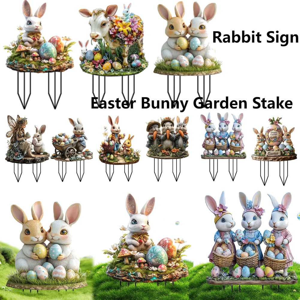 Acrylic Garden Stake Decoration Easter Bunny Rabbit Yard Lawn Stakes Ornament Waterproof Courtyard Statue for Outdoor Decoration