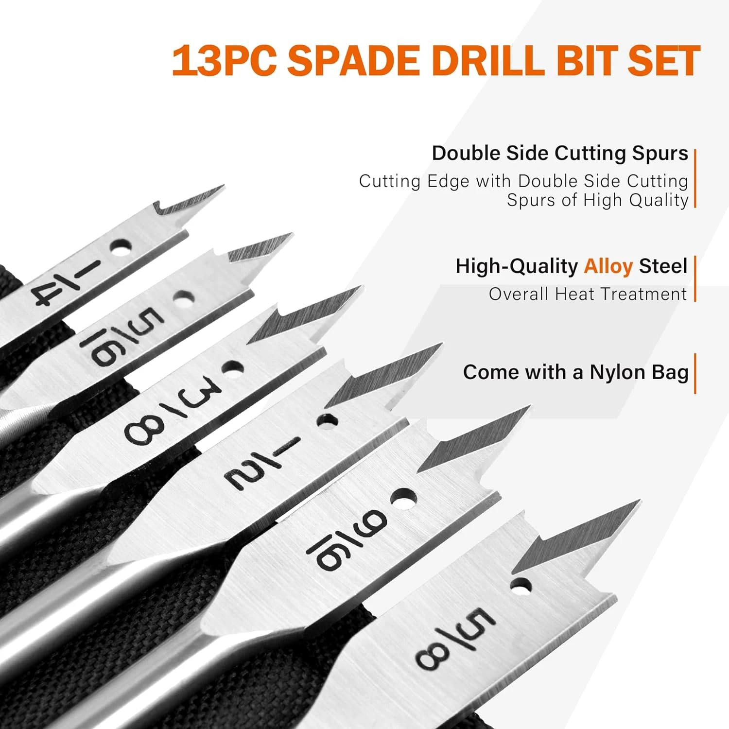 13Pcs Spade Drill Bit Sets, Alloy Steel Paddle Flat Bit with Quick Change Shank, Flat Wood Hole Cutter Fit for Woodworking