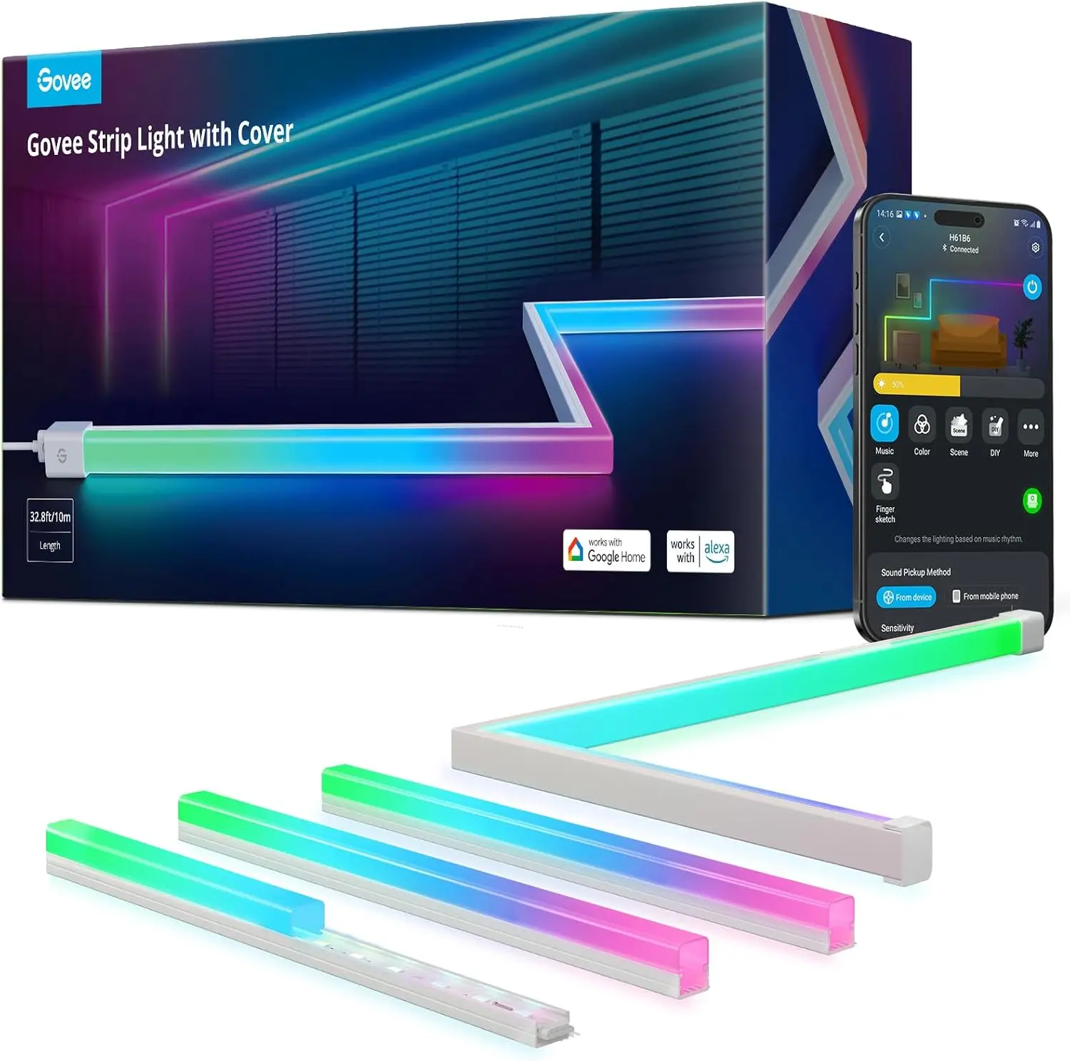 

Светодиодная лента Smart RGBIC длиной 32,8 фута с поддержкой Alexa и Google Assistant, с рассеивателем света для спальни, студии, шкафа