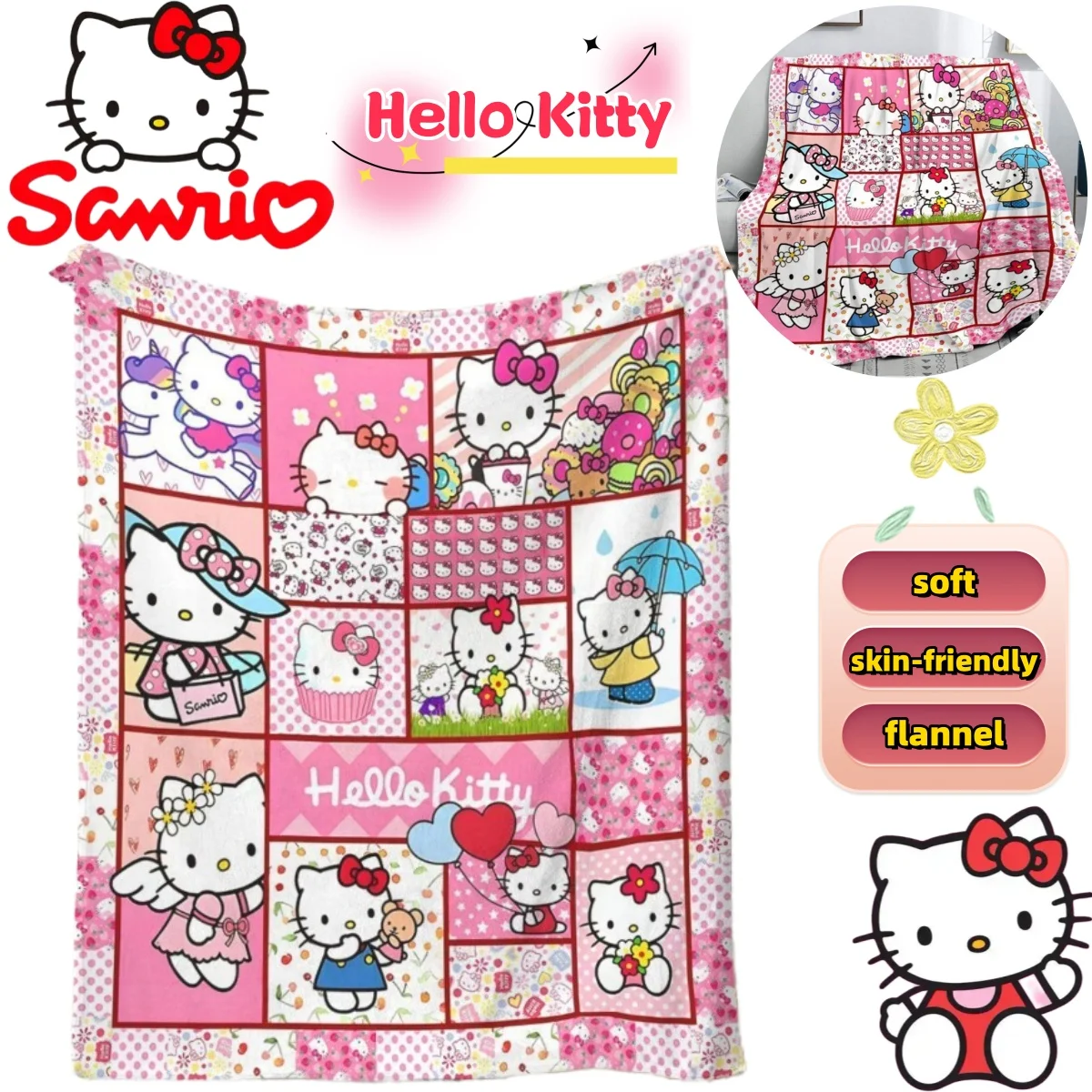

Новое одеяло с кондиционером Sanrio Hello Kitty, креативное высококачественное мягкое фланелевое одеяло с мультяшным принтом «сделай сам», можно стирать в машине