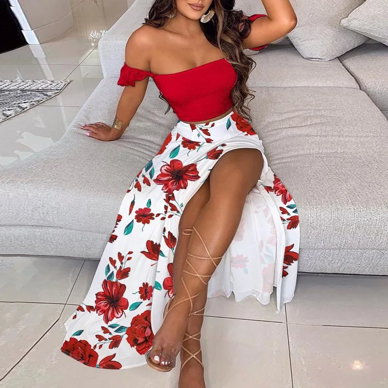 Two-Piece Set Women Sexy Off-Shoulder Smocked Tube Top Floral High-Waist Split Maxi Skirt Boho Suit Summer Women Casual Sets