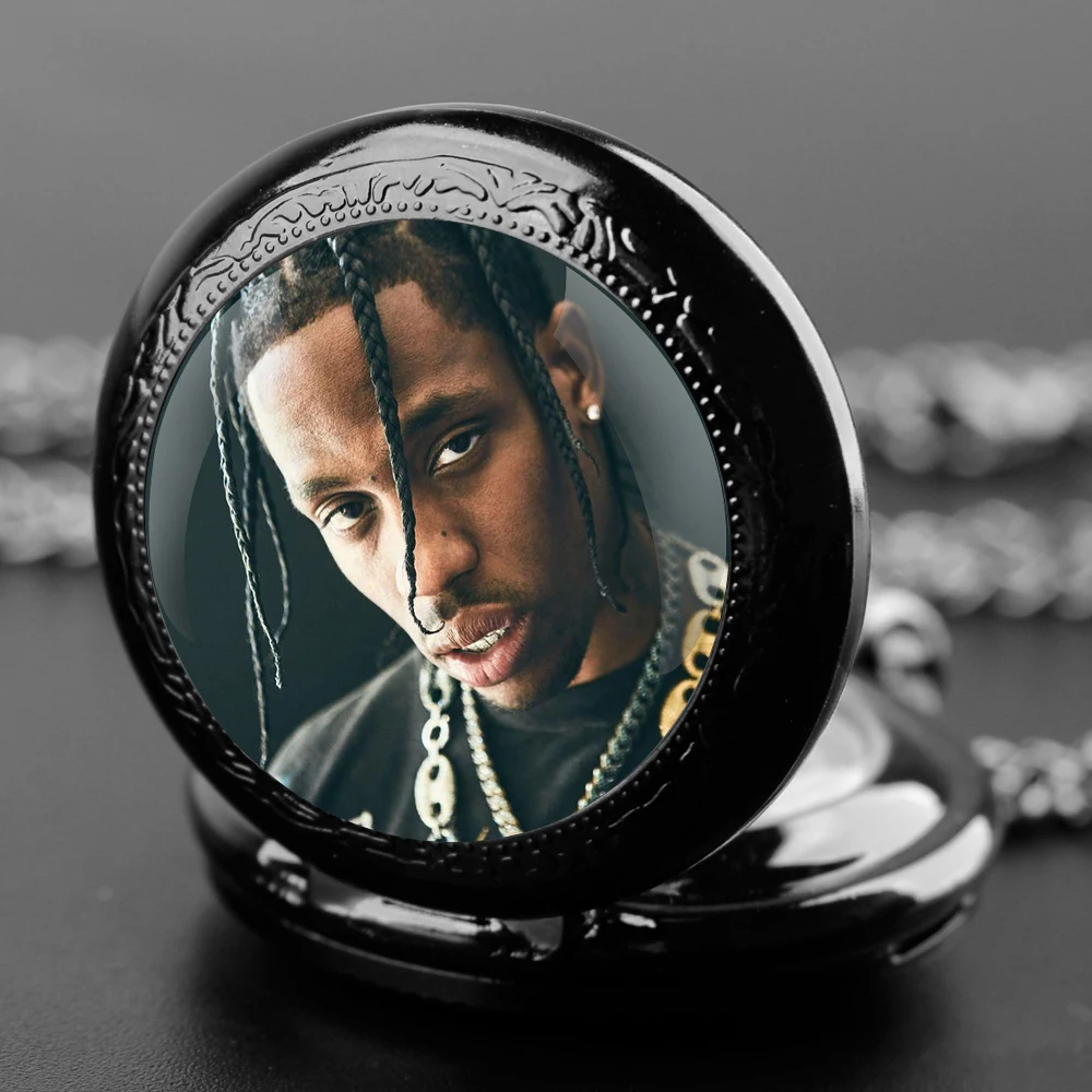 Cool Rapper Travis Scott Glass Dome Design Arabic Numerals Quartz Pocket Watch Necklace Pendant Clock Chain Men Women Gifts