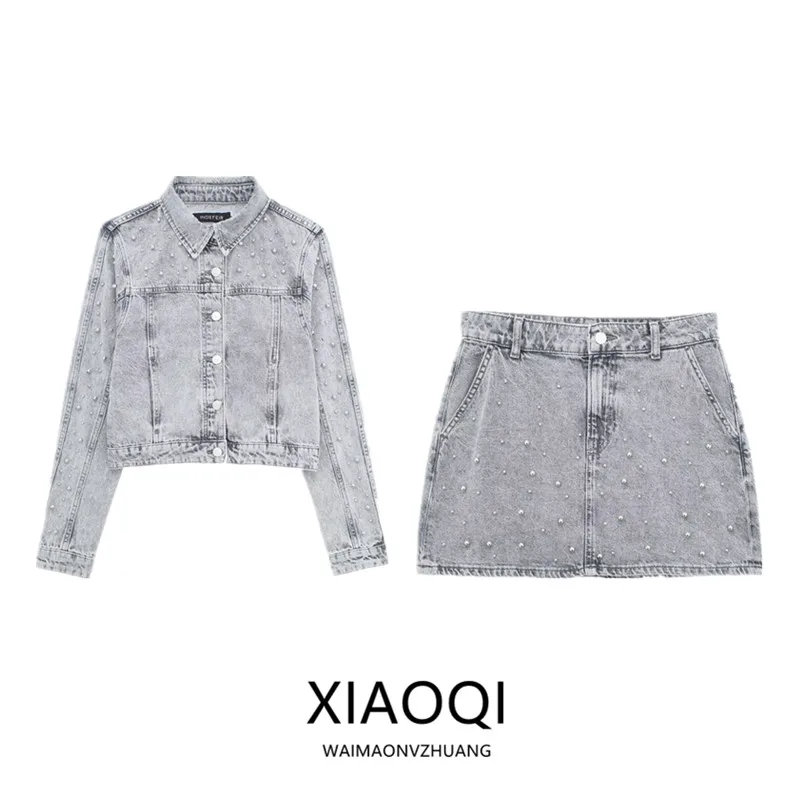 

Spring 2024 Women's High Waist Denim Jaet Pearl Embellied Jaet And Skirt Set Faionable Outerwear for Young Women
