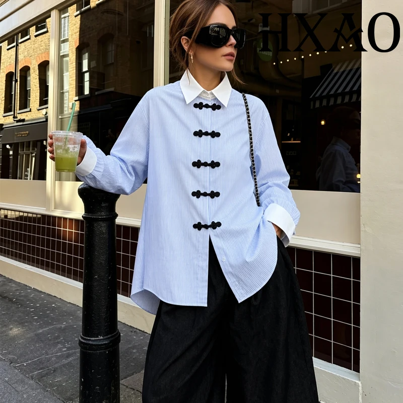HXAO Blaues Damen-Streifenhemd Langarm Sommer Damenhemd Chinesische Froschknopf-Bluse Locker Sitzende Büro-Freizeitbluse