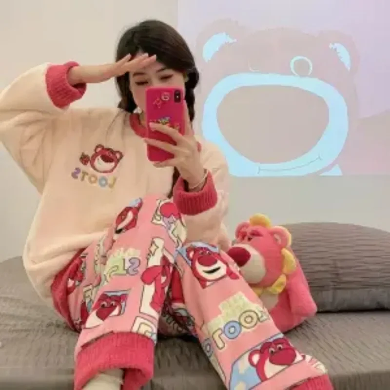 Disney snoopy lotso bonito dos desenhos animados pijamas femininos inverno coral veludo engrossado kawaii moda casa wear conjunto presente de aniversário