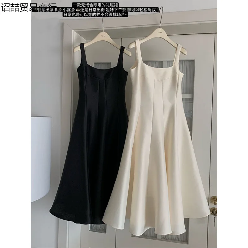 2025 Summer New Hepburn Skirt with a Gentle Waist and Satin Gloss for a Stylish Waist Strap Dress