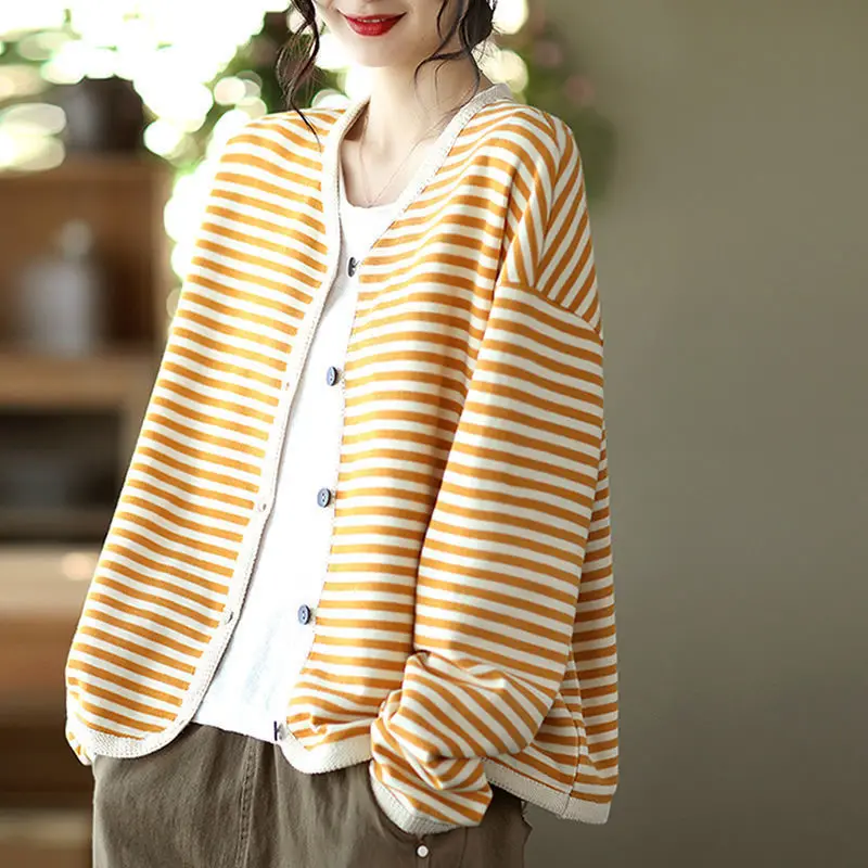 Women's Autumn Casual Simplicity Striped V-neck Long Sleeve Sweater Women Clothes Fashion All-match Elegant Loose Knitwear