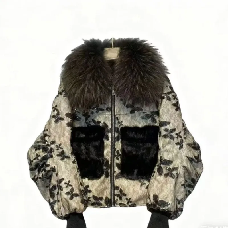 Trendy Thick Warm Raccoon Fur Collar Leather Jacket Fashionable High-end Lace Sequin Print Mink Fur Jacket Temperament Commuting