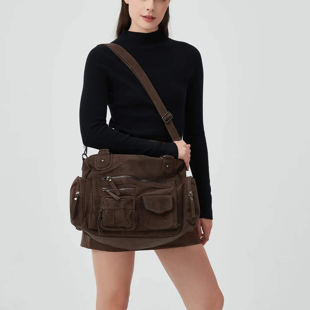 

Annmouler Large Capacity Motorcycle Bag Ladies' Fashion Y2K Hot Girl Punk Multi Zipper Pocket Suede Single Shoulder Diagonal Ba