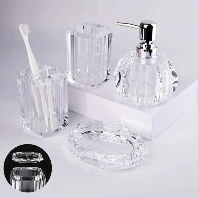 Acrylic bathroom toiletries set of four Mouthwash cup Soap dish Toothbrush holder Lotion sub bottling Jewelry placement plate