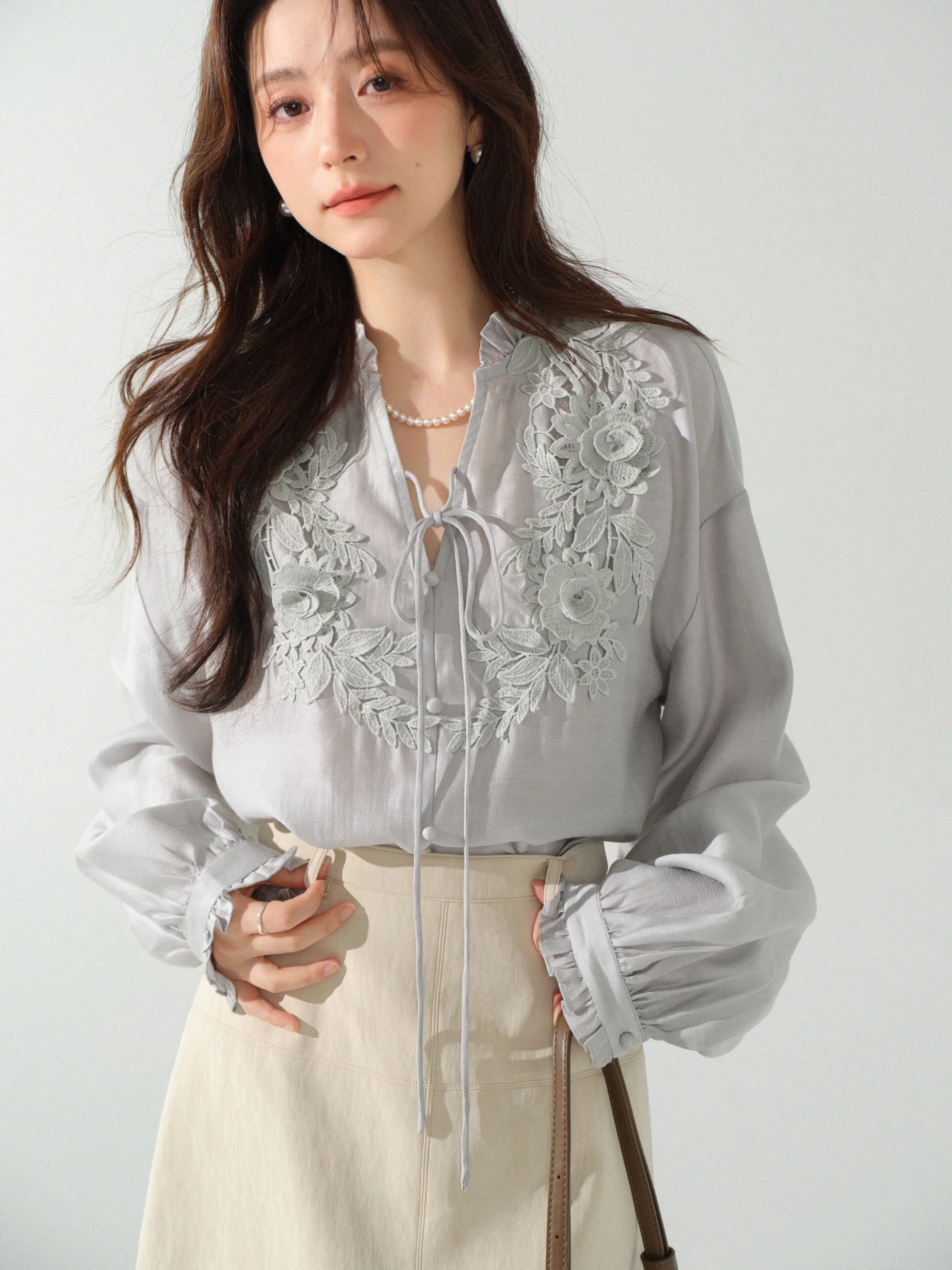 French Embroidered Blouse V Neck Long Sleeve Shirt for Women Autumn Lace Floral Top Chic Vintage Inspired Design Fashion Outfit