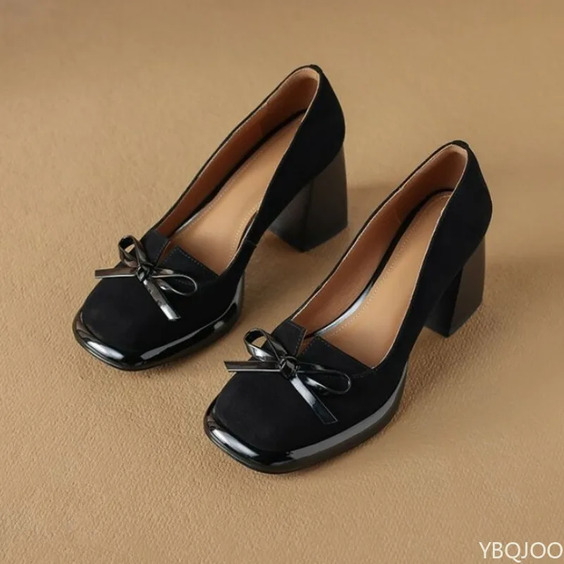 

Spring Autumn New Fashionable Versatile Bow Coarse Heel Women's Shoes Shallow Mouth Elegant Simple High Heels