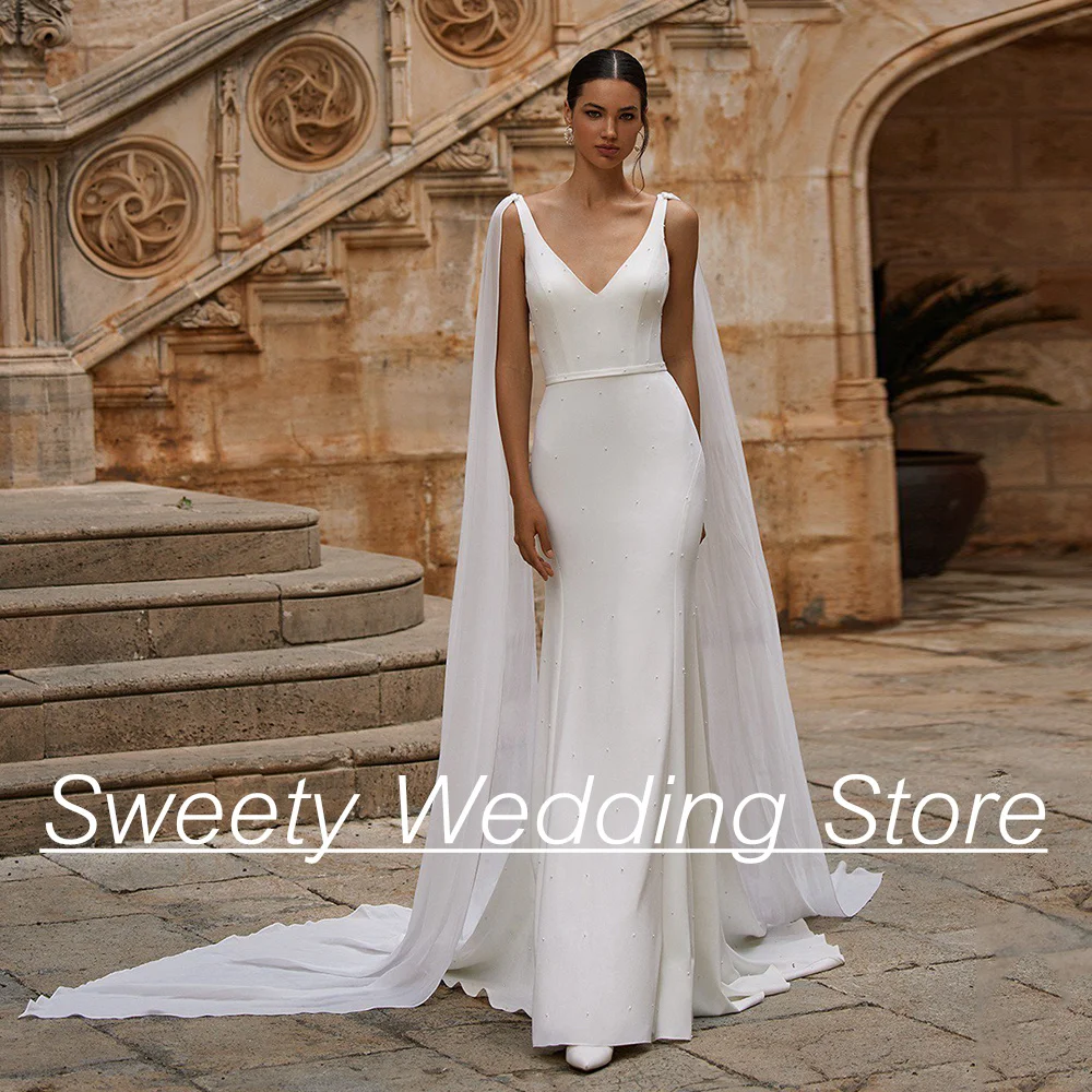 

Jersey Mermaid Wedding Dress with Chiffon Cape Deep V Neck Sleeveless Pearls Sweep Train Backless Vestido De Noiva Bride Dresses