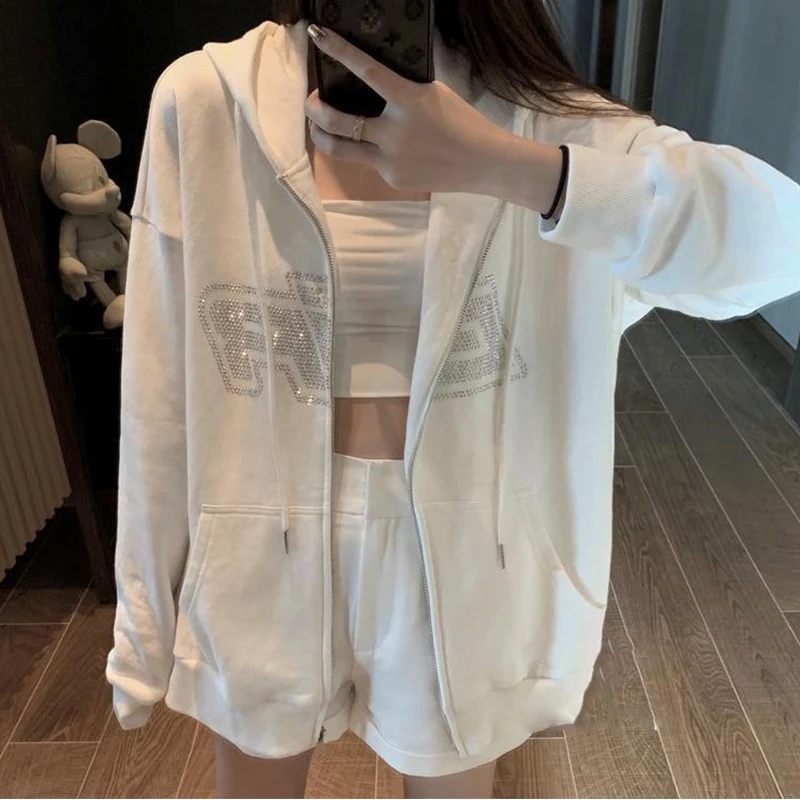 

Fashion Rhinestone Letter Print Women Sweatshirt Hoodies 2023 Autumn Casual Oversize Zipper Jacket Long Sleeve Female Gothic Top