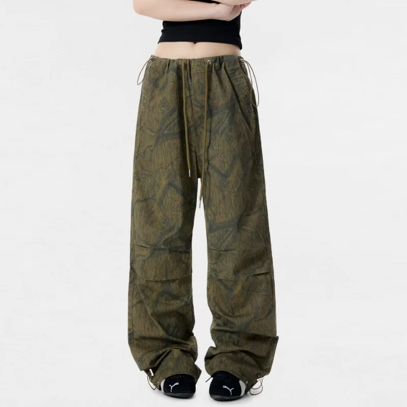 OR FL Baggy Staraight 97 Cotton Women Paratrooper Pants Fold Trendy Brand Wood Grain Retro Design Sense Tie the Feet Slacks Y2k