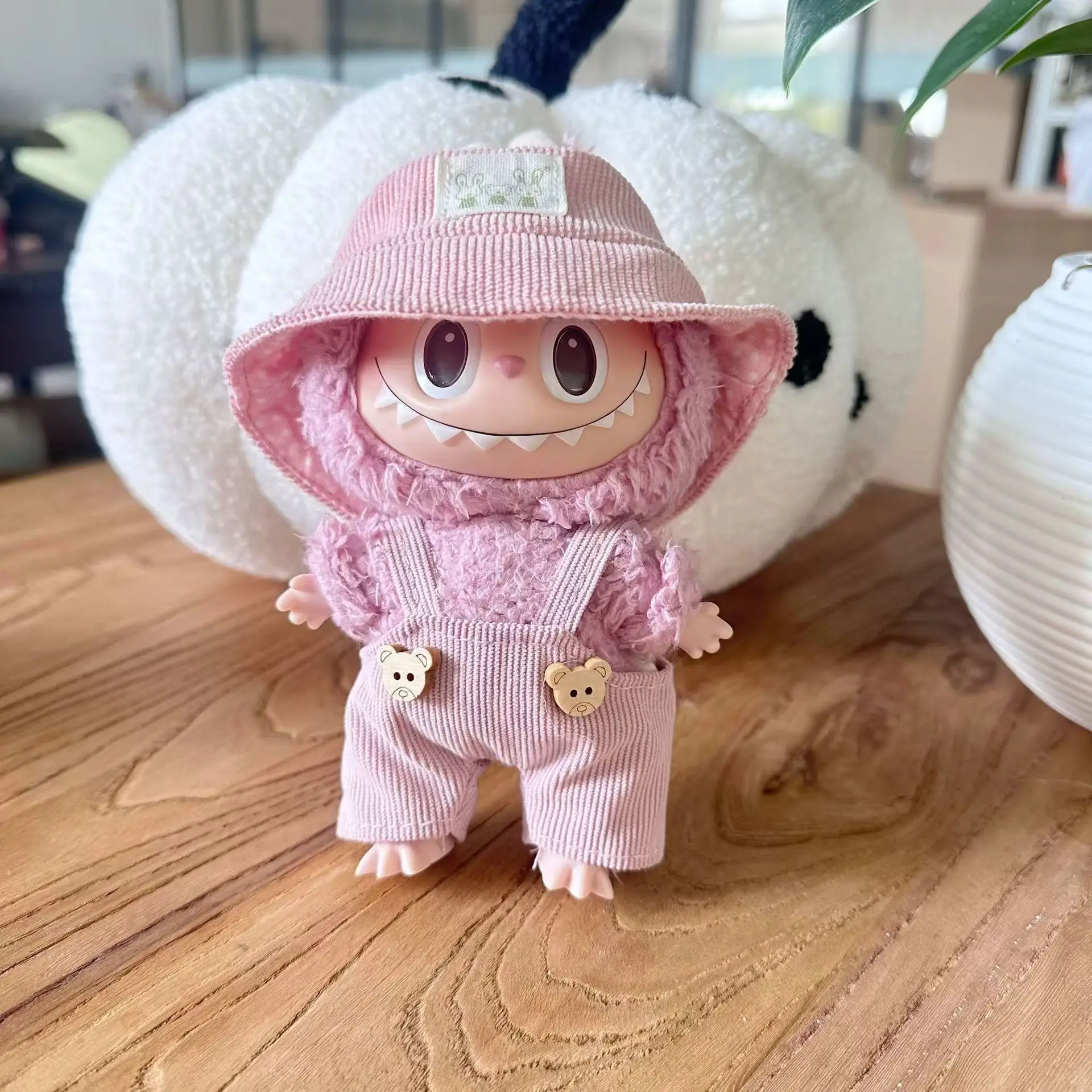 For 17cm labubu V1 V2 baby clothes bear overalls outfit plush vinyl face labubu doll pendant clothes