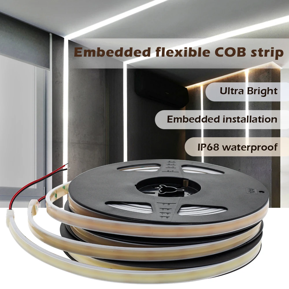 Flexible COB LED Strip Ultra Bright DC12/24V 3000K 4000K 6000K 480LED/m IP68 Waterproof Double-sided Tape 5m/lot