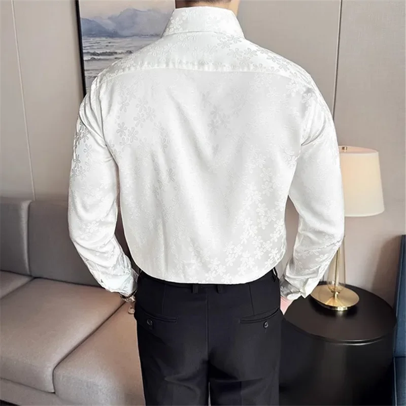 LIBIELIY High Quality Men's Long Sleeve Casual Shirts Fashion Print Business Slim Fit Dress Shirts Man Party Wedding White Black