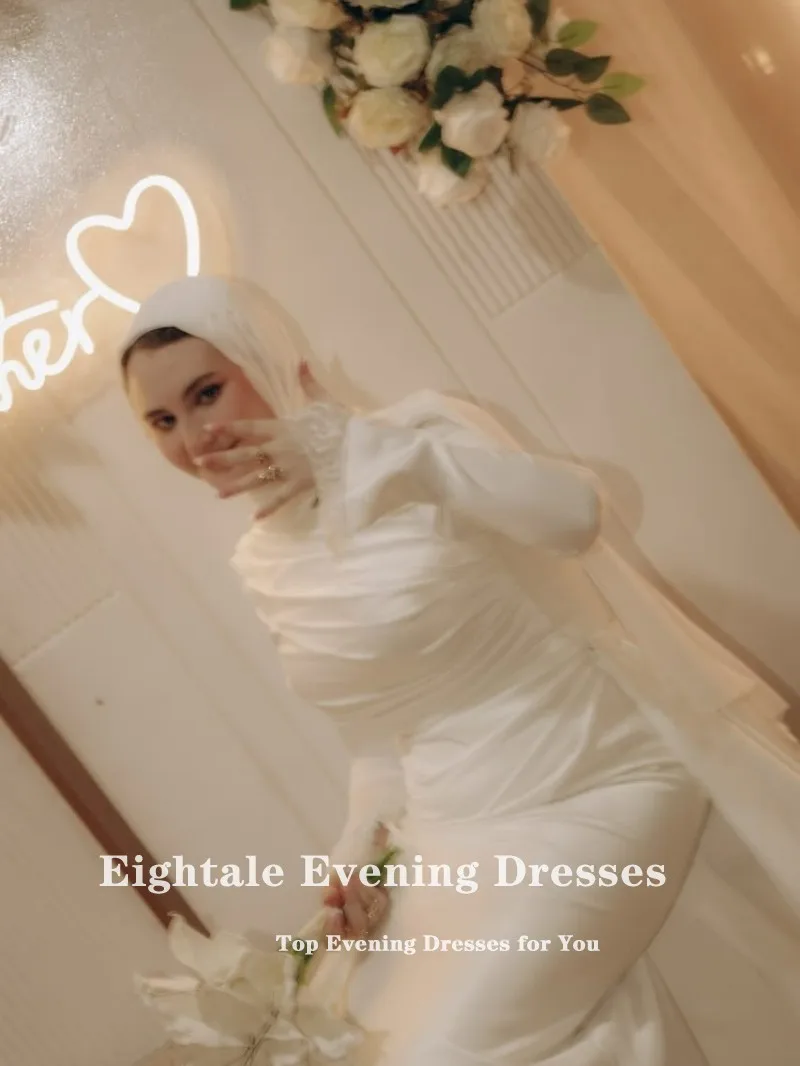 Eightale Arabic Wedding Dress O-Neck Customized Ivory Satin Long Sleeves Pleat Muslim Bridal Gown Mermaid Bride Party Dress