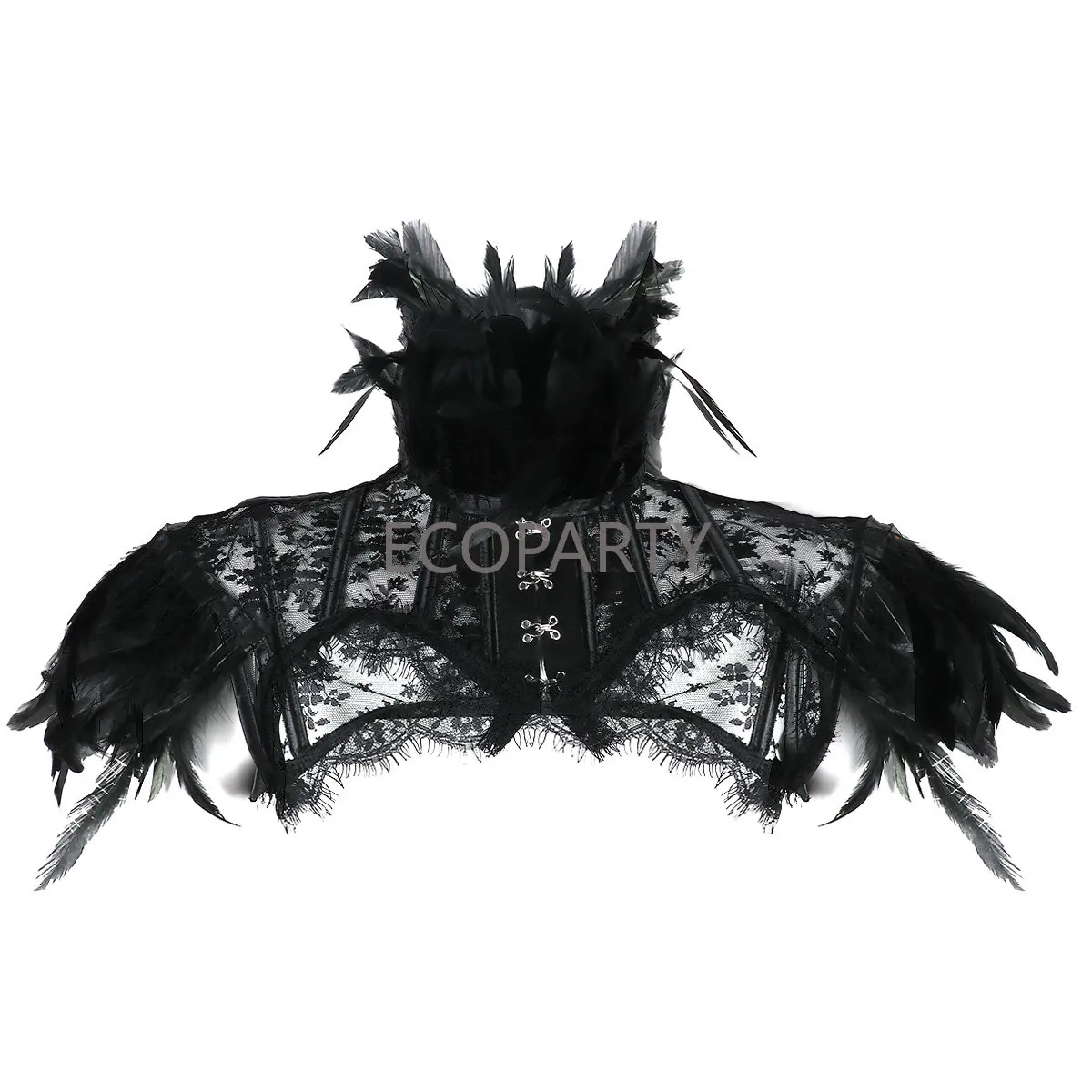 Retro Vintage Punk Gothic Feather Collar ramię koronkowa peleryna Bolero kurtka wzruszając ramionami topy impreza z okazji Halloween Goth kostium wrony dla kobiet