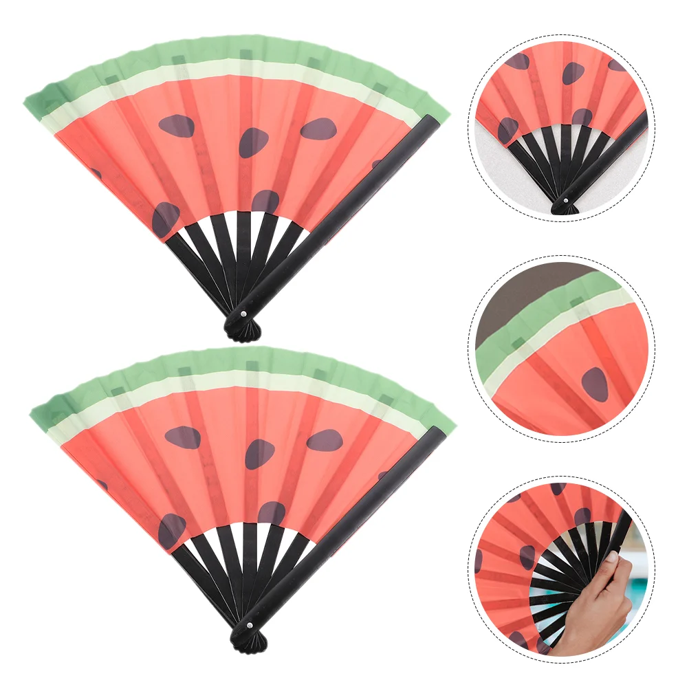 

2 Pcs Watermelon Folding Fan Stage Performance Hand Foldable Polyester Large Miss Vintage Black Bone Cool Decorative Craft Fans