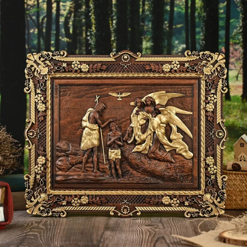Handcrafted Wooden Relief Wall Art,Baptism of Jesus Scene Religious Carving Decorative Frame, Home Church Decor