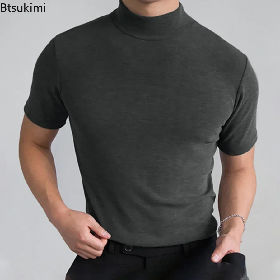 2024 Men\'s Summer Casual Tight T-shirt Solid Fashion Streetwear High-neck Short Sleeved Bottoming Shirt Male Oversized T Shirt