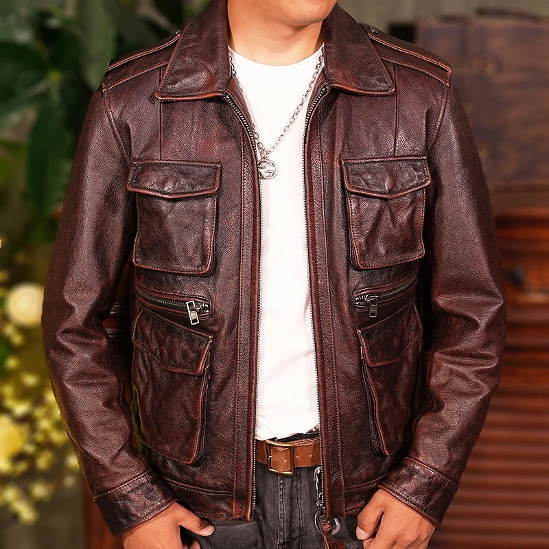 2024 New Heavy Duty Vintage Men's Leather Jacket Thin Windproof Slim Fit Hunting Coat Retro Jacket Trendy Business Casual Zip...