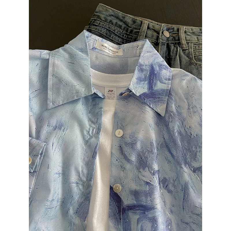 Camisa casual de tintura de gravata feminina, estilo coreano, cor de contraste, irregular, gola virada para baixo, blusa fina feminina, primavera, verão