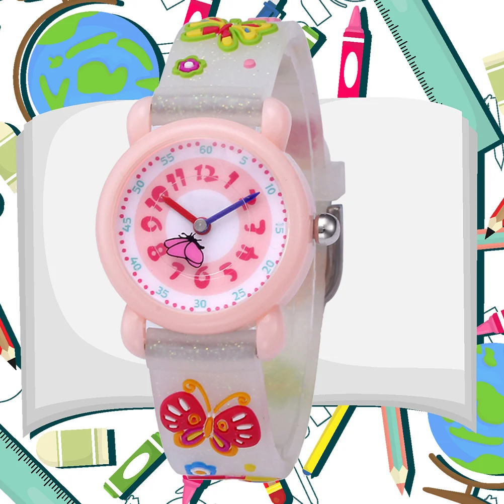 's 3D Cartoon Watch Waterproof Quartz Movement Silicone Band Time Teaching Gift for Butterfly Loose Powder White