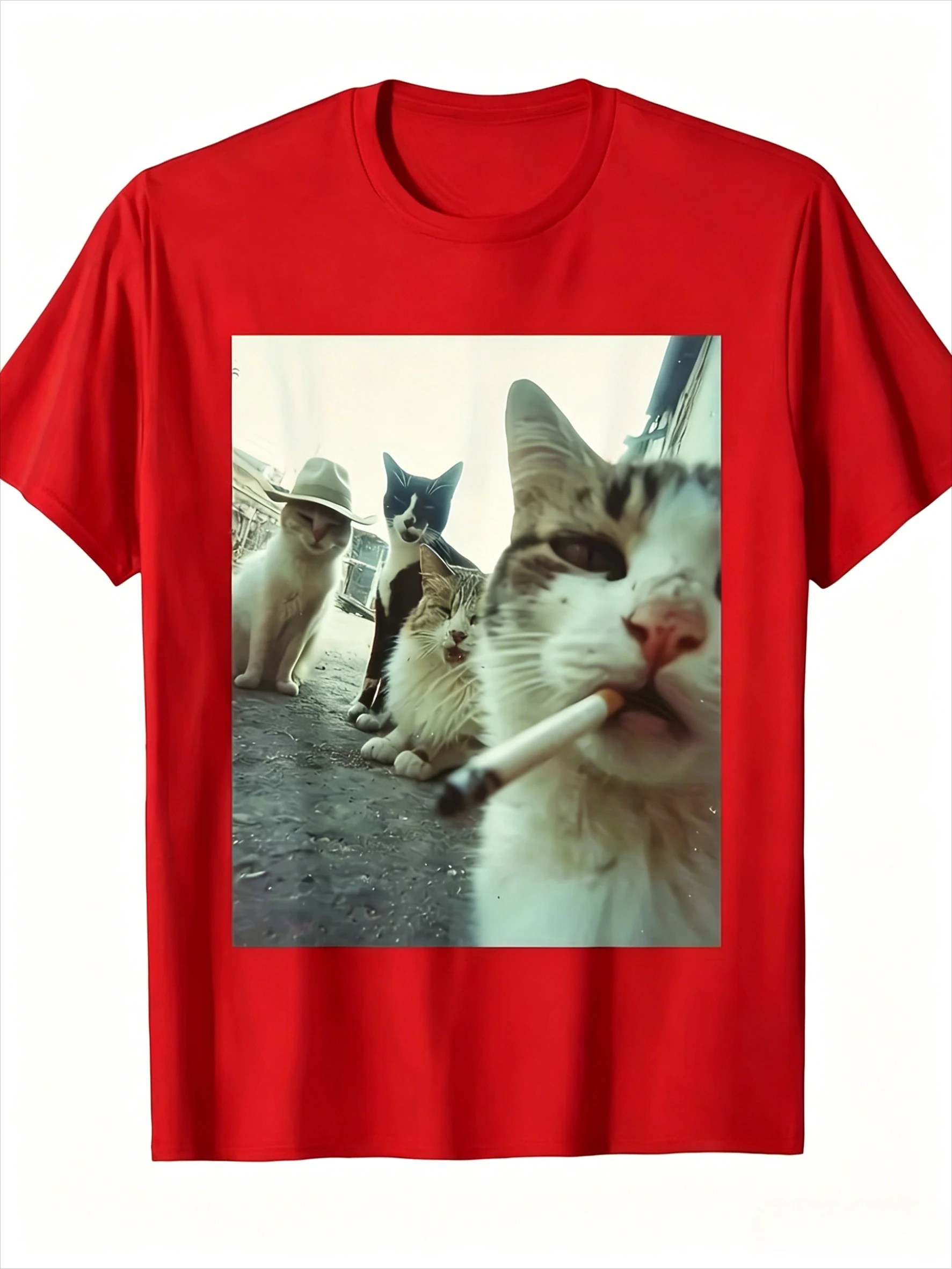 Gangster Cool Cats Selfie Retro Film Print T-Shirt Lustiges rauchendes Kätzchen Haustier Unisex Casual Streetwear Kurzarm-Grafik-T-Shirt – Detail 6