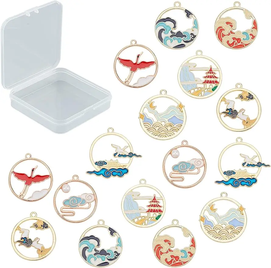 16Pcs 8Styles Alloy Enamel Frame Charms Flat Round with Cloud Hollow Pendants Wave Swan Charm Pendant Jewellery Findings