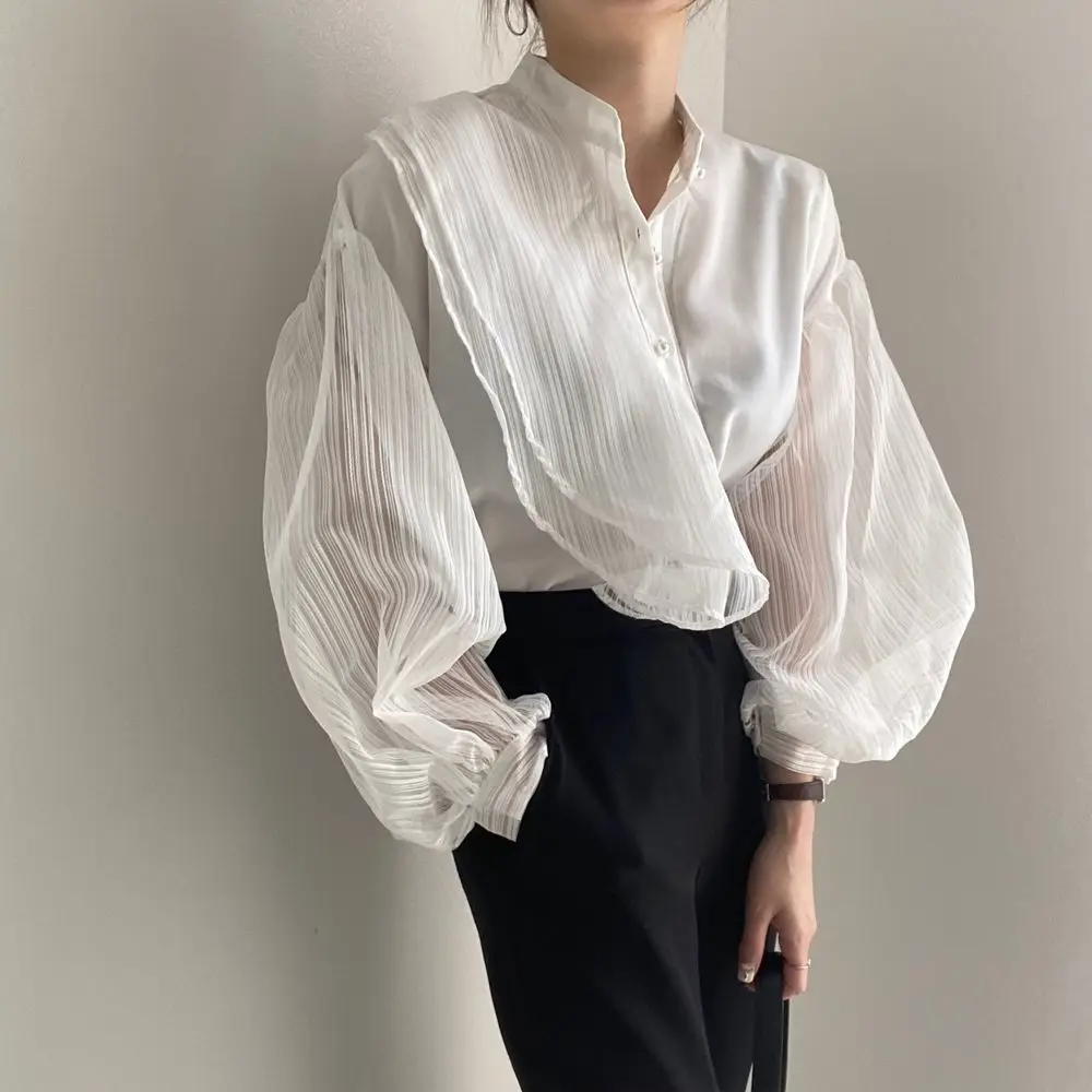 Shirts Women Elegant Chic Summer \\Mesh Patchwork Stand Collar Daily Casual Classy Loose Lady Tops Lantern Sleeve Vintage Clothes