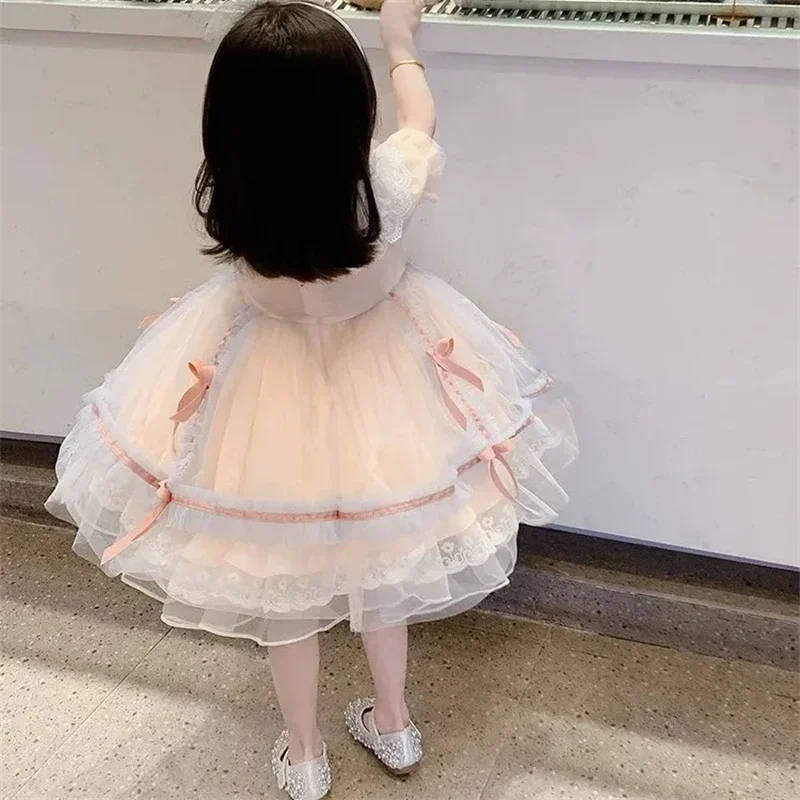 Girls Party Dress Summer Pink Elegant Princess Dress Kids Bow Lace Birthday Party Clothes 1-8 Years Lolita Pompon Dress