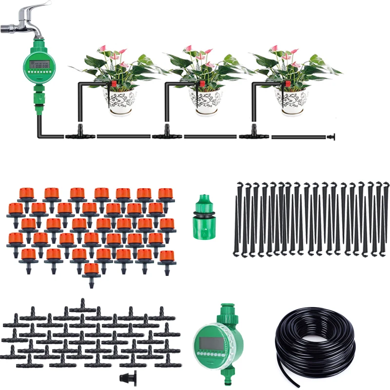 

30 M Red Drip Irrigation With Timer Garden Patio Watering System With 1/4 Tubing Pipe DIY Plant Flower Sprinkler Kit
